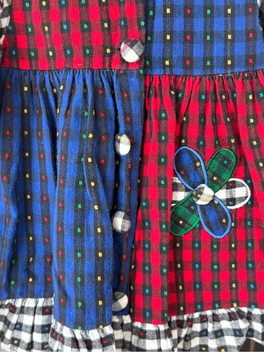 Vintage 90s gingham plaid patchwork applique flower long sleeve dress collar